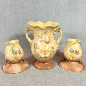 Vintage Hull Art Pottery Magnolia Vase & Candlestick Holders Set